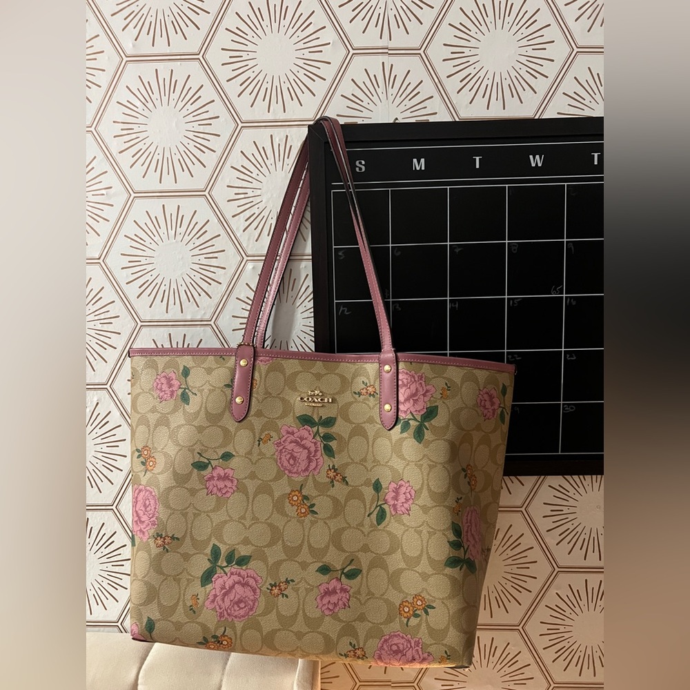 Coach Tan and Pink Floral Tote Bag